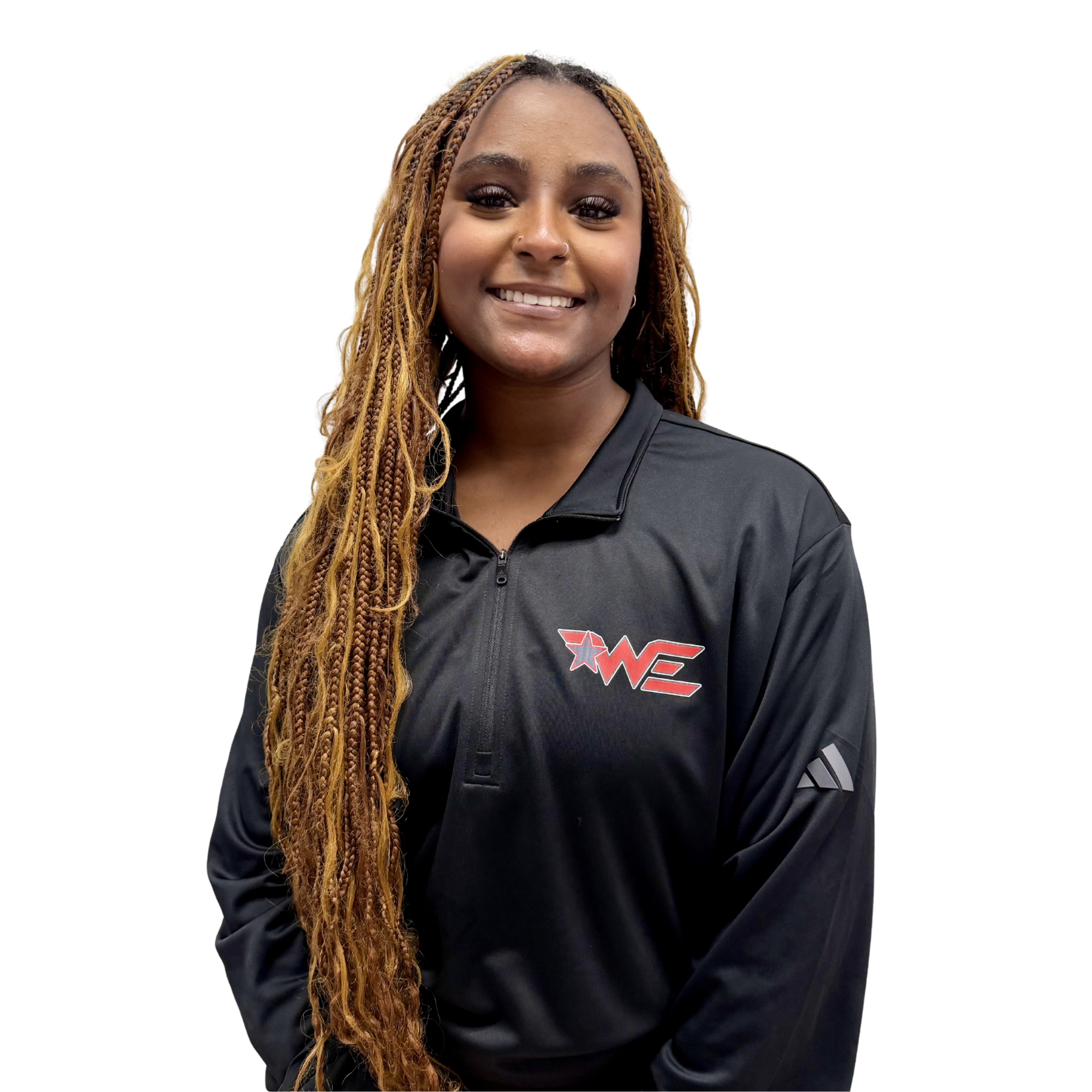 Smiling woman with long braided hair wearing a black zip-up jacket with a red and white WE logo on the chest, against a white background.